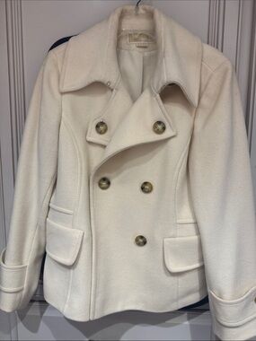 Michael Kors Cream Double-Breasted Wool Pea Coat